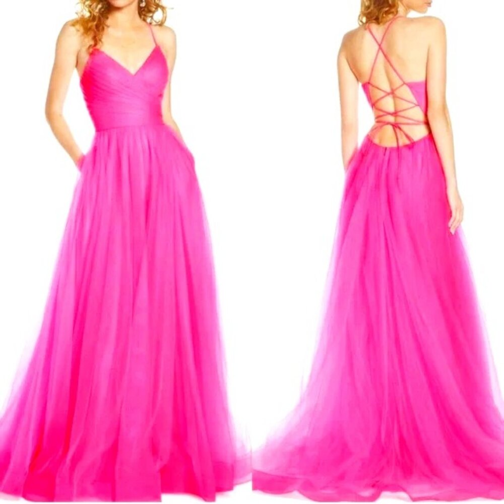 NWT LA FEMME Neon Pink Tulle Gown Sweetheart Neck Laceup Back 10 MSRP $408
